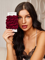 [Fuchsia] Burgundy mulberry silk hair scrunchies set with SilkSilky card 002