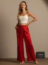 [Wine] Woman wearing red silk wide-leg pants with elastic drawstring waist and pockets 003
