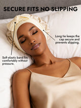 [Beige] Woman wearing cream silk bonnet with long tie, secure fit and soft elastic band 004