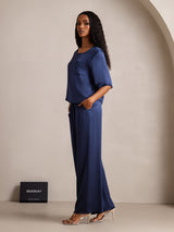 [Dark Blue] SilkSilky  Half Sleeve Round Neck Women's Pajamas 004