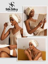[Beige] Model wearing cream 100% Mulberry Silk double-layer bonnet with adjustable long tie 006