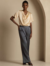 [Champagne] Women's champagne silk cowl neck short sleeve top with loose fit 008