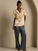 [Champagne] Women's silk cowl neck short sleeve top in champagne with draped loose fit 006