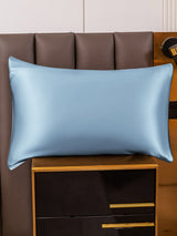 [Light Blue] Light blue mulberry silk pillowcase with hidden zipper on bed 001