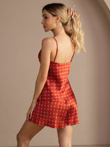[Wine Chain] Red mulberry silk spaghetti strap camisole dress with geometric print and V neck 002