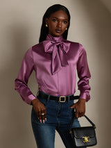 [Deep Purple] Model wearing mauve silk high-neck blouse with oversized bow and long sleeves 007