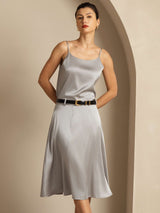 [Griffin Gray] Model wearing a silver silk spaghetti strap camisole with round neck 007