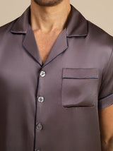 [Purple Gray] Men's dark blue mulberry silk short sleeve notch collar pajama top with pocket 007