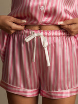 [Pink] Pink striped mulberry silk pajama shorts with elastic drawstring waist and satin trim