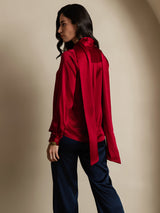 [Wine] SilkSilky  Long Sleeve Tie Neck Women's Blouse 002