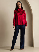 [Wine] SilkSilky  Long Sleeve Tie Neck Women's Blouse 005