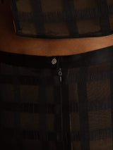 Black textured grid silk skirt with high waist and back zipper closure