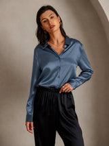 [Real Teal] SilkSilky  Long Sleeve Lapel Collar Women's Shirts 002