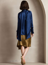 [Dark Blue] SilkSilky  Long Sleeve Tie Neck Women's Blouse 002