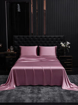 [Pale Mauve] Pink 25 momme mulberry silk fitted and flat sheet set with two pillowcases on black bed 001