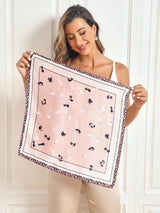 [P032] Pink Mulberry silk square scarf with cat print and leopard border 004