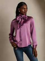 [Deep Purple] Purple silk long sleeve blouse with high neck and oversized bow, tailored fit 006