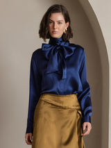 [Dark Blue] SilkSilky  Long Sleeve Tie Neck Women's Blouse 001