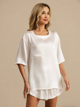 [White] White mulberry silk short sleeve round neck women’s sleep tee with chest pocket 004