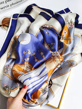 [P012] 100% mulberry silk printed square scarf with blue floral and chain pattern 003