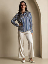 [Navy Stripe] SilkSilky  Long Sleeve Lapel Collar Women's Shirts 006