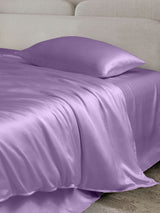 [Lavender] Lavender silk bedding set with glossy pillowcase and flat sheet on bed 003
