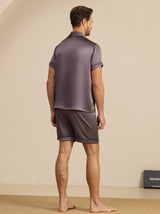 [Purple Gray] Men's mulberry silk short sleeve pajama set in dark purple, back view 002