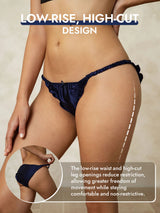 [Dark Blue] Navy 100% mulberry silk ruffle trim string panty, low-rise high-cut design 005