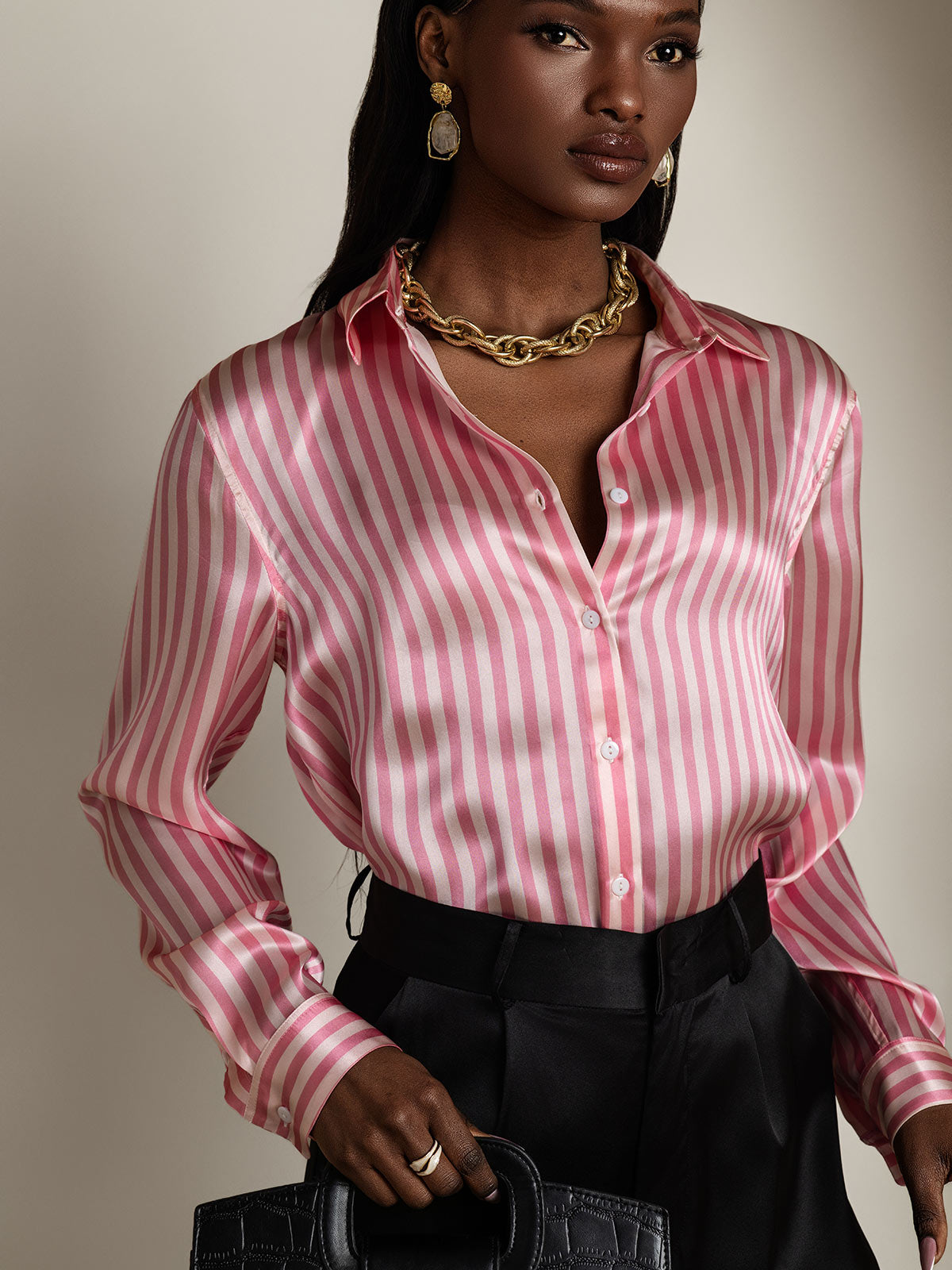 [Pink Stripe] SilkSilky  Long Sleeve Lapel Collar Women's Shirts 001