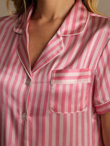[Pink] Pink striped mulberry silk short-sleeve pajama shirt with notch collar and chest pocket