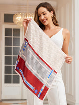 [P037] Model holding printed mulberry silk square scarf with red and geometric pattern 003