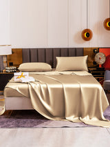 [Beige] Champagne silk bedding set with fitted sheet, flat sheet and pillowcases on modern bed 002