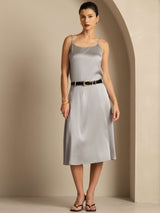 [Griffin Gray] Light gray silk spaghetti strap camisole with round neck and fitted skirt 005