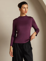 [Purple] Model wearing plum 100% Mulberry silk long sleeve mock neck top with black pants 009
