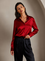 [Red] SilkSilky  Long Sleeve Lapel Collar Women's Shirts 003