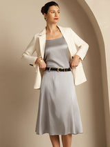 [Griffin Gray] Model wearing a gray silk spaghetti strap round neck camisole with cream blazer 008