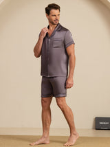 [Purple Gray] Men's dark gray silk short sleeve pajama set with notch collar and shorts 004