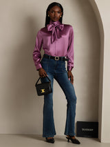 [Deep Purple] Long sleeve high neck silk blouse in purple with oversized bow and tailored fit 005