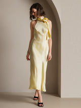[Light Yellow] Full front view of a pale yellow scarf-neck maxi dress, with crossed ankles and both arms lowered. 008