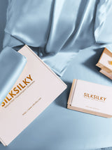 [Light Blue] SilkSilky light blue mulberry silk pillowcase packaging with hypoallergenic breathable branding 007
