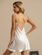 [White] SilkSilky  Spaghetti Strap V Neck Nightgown 001