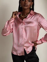 [Pink Stripe] SilkSilky  Long Sleeve Lapel Collar Women's Shirts 005