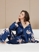 [Dark Blue] SilkSilky  Long Sleeve Lapel Collar Women's Pajamas 004