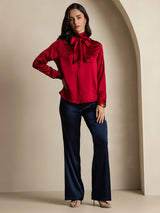 [Wine] SilkSilky  Long Sleeve Tie Neck Women's Blouse 006