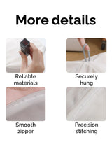 Laundry wash bag details showing durable materials, secure hanging loop, smooth zipper, and precision stitching