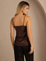 [Brown] Mid-length back studio view of a model wearing brown lace-trim spaghetti-strap camisole. 002