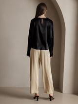 [Black] SilkSilky  Long Sleeve Boat Neck Women's Blouse 002
