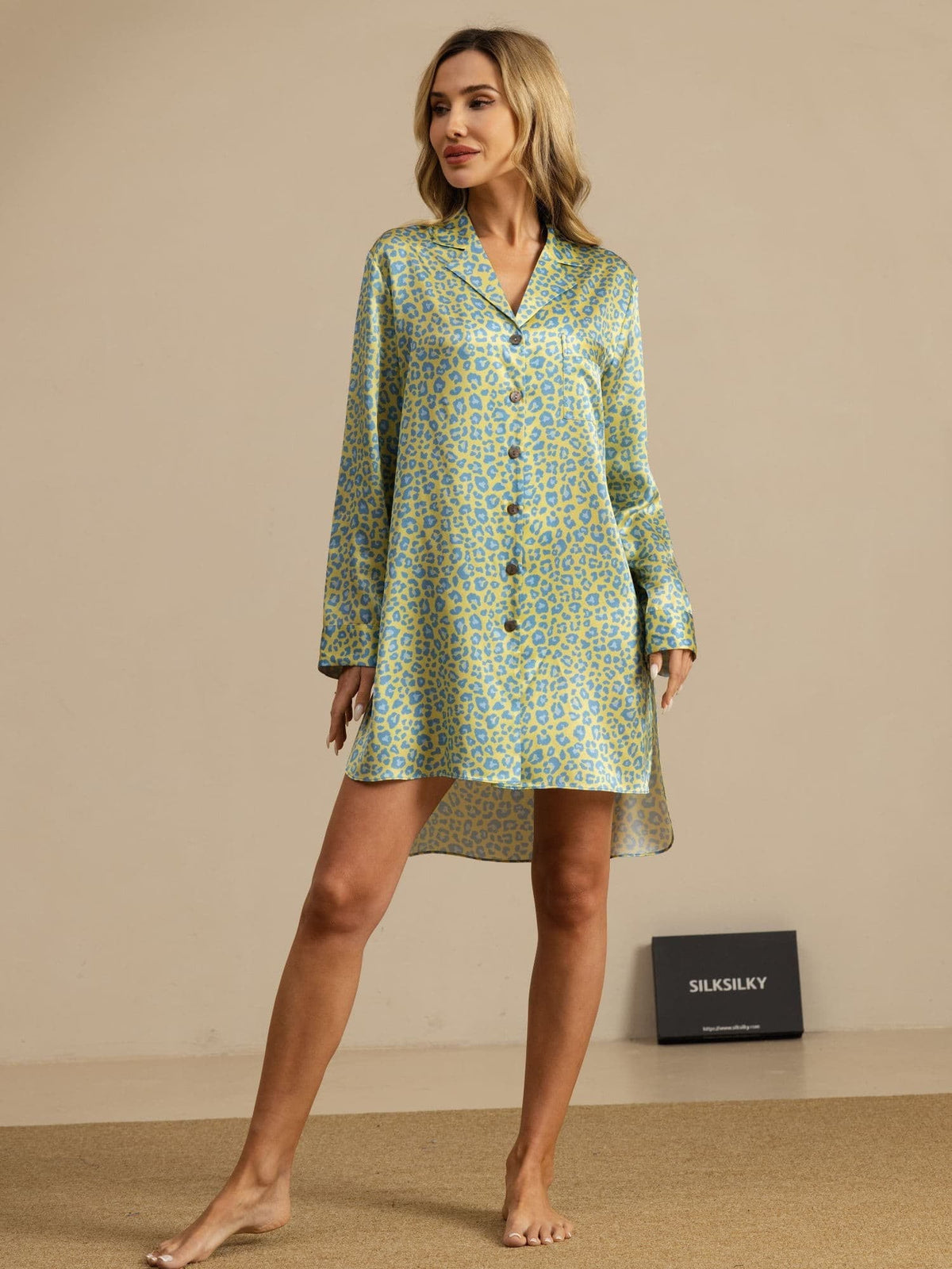 [Green Leopard] Mint-green leopard-print long-sleeve shirt dress in a full-body front view, arms down and bare feet visible. 001