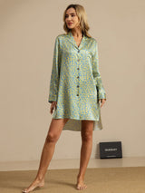 [Green Leopard] Mint-green leopard-print long-sleeve shirt dress in a full-body front view, arms down and bare feet visible. 001