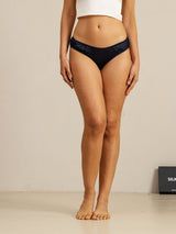 [Dark Blue] Black 100% mulberry silk bikini panties on model 005